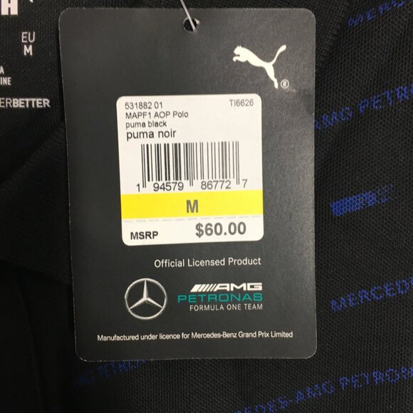 PUMA MAPF1 AOP Mens Medium Polo Shirt Short Sleeve Black Mercedes Benz Print NWT - Picture 10 of 16